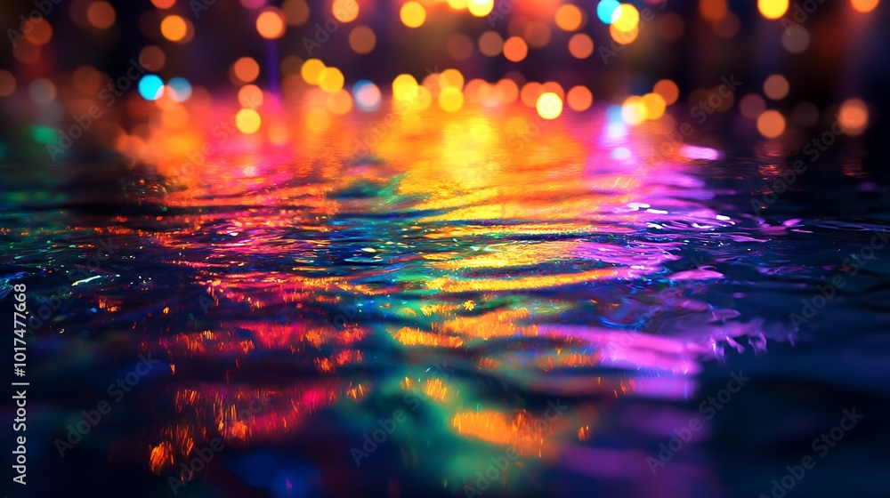 Poster A vibrant, multicolored reflection dances on water, creating a mesmerizing effect with shimmering lights in a dark setting.