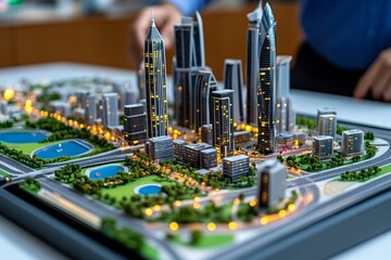 Hyper-realistic close-up of a 3D city model being examined by urban planners, capturing every minute detail of the buildings, roads, and parks, representing the meticulous work in urban planning