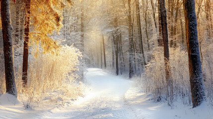 Fototapeta premium Winter forest with snow-laden branches and a serene path winding through the trees