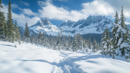 Fototapeta premium A scenic winter hike with snow-covered trails, evergreen trees, and distant snow-capped peaks