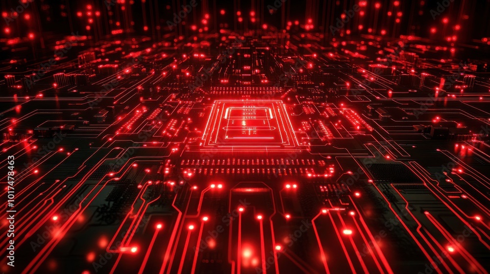 Poster a digital circuit board illuminated in red, symbolizing technology and connectivity.