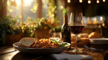 A cozy dining setup featuring pasta, bread, and red wine, illuminated by soft, warm lighting.