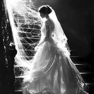 A Victorian ghost bride standing on a staircase with cobwebs.