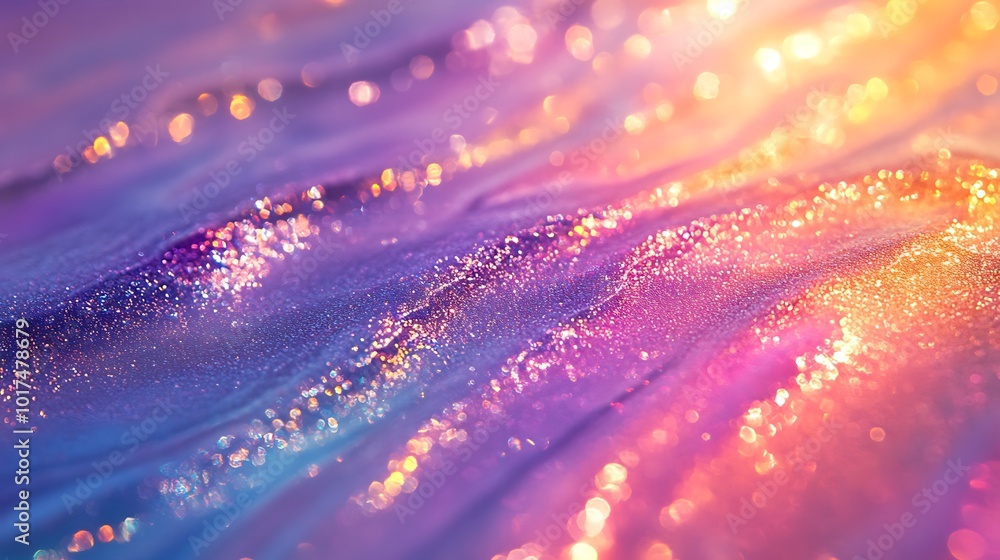 Poster a shimmering, colorful abstract image featuring flowing waves of light with sparkling textures in vi