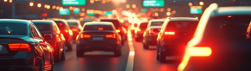 Fototapeta premium A busy highway during peak hours, with numerous cars caught in traffic and illuminated brake lights at dusk.