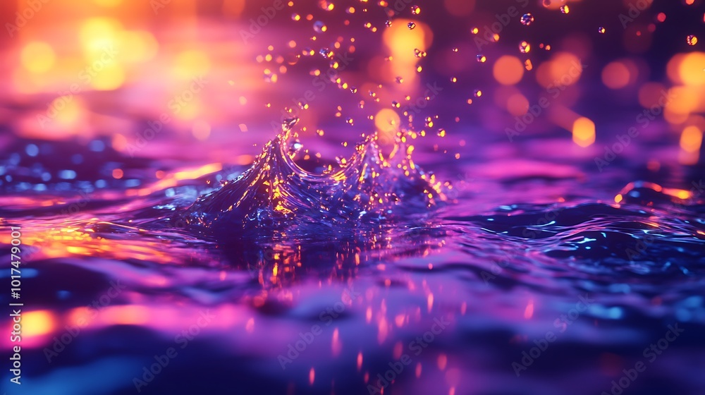Poster a vibrant, close-up image of water droplets splashing, illuminated by colorful lighting, creating a 