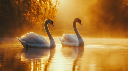 Two Swans Swimming in a Misty Golden Sunrise