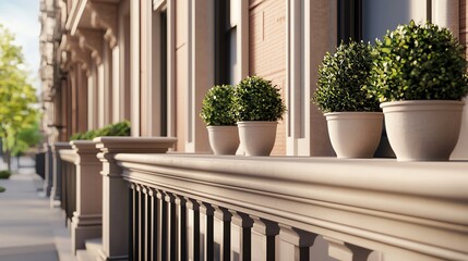 Elegant urban balcony with potted plants, showcasing architectural details and inviting greenery in a serene outdoor setting.