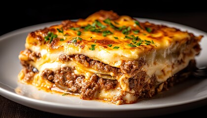Delicious lasagna with layers of meat, cheese, and bechamel sauce on a plate, garnished with herbs.