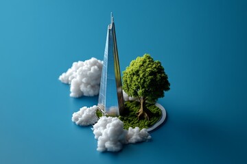 Minimalist depiction of a tree and a skyscraper side by side, symbolizing the balance between nature and urban growth in planning