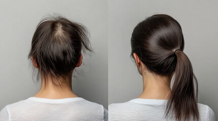Fototapeta premium Woman's hair before and after treatment for hair loss, depicted in a collage on a grey background, showcasing dramatic transformation