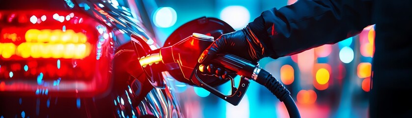Hand refueling a car with a fuel pump at a brightly lit gas station at night.
