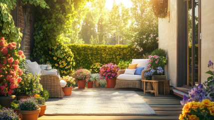 Obraz premium A cozy spring patio with potted plants, blooming flowers, and a sunny afternoon setting