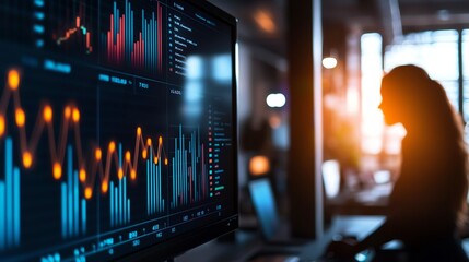 Silhouette of a woman analyzing data on a digital screen in a modern office environment.