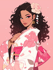 anime illustration of a Hispanic woman dressed in a pink and white floral kimono, diversity in Japanese culture, anime, kimonos, summer, spring