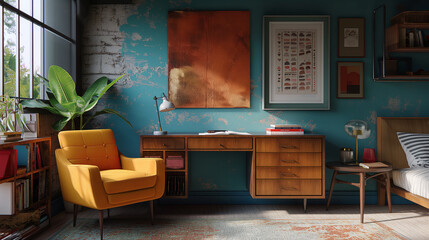 interior design concept. Eclectic workspace featuring colorful wall art and mismatched vintage furniture.