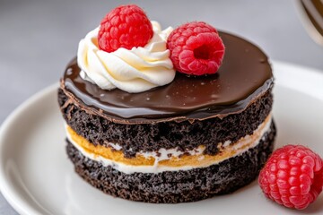 Realistic close-up of a keto-friendly dessert with dark chocolate, whipped cream, and a few raspberries, symbolizing low-carb indulgence