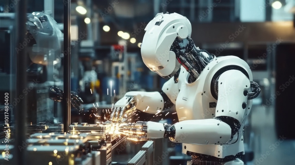 Poster industrial robots performing automated assembly in a factory, highlighting artificial intelligence i