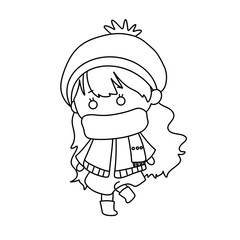 A girl wearing a scarf and hat is walking