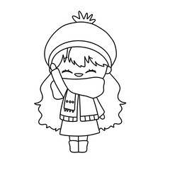 A girl in a winter hat and scarf is waving