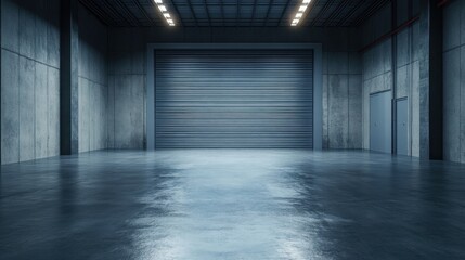 Industrial warehouse with a polished concrete floor and a large closed roller shutter door, perfect for product display or commercial use