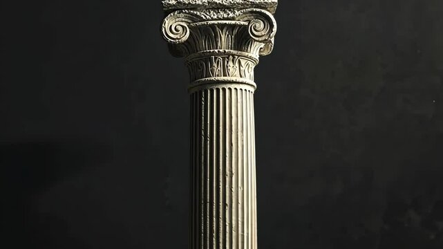 A close-up of a fluted column with a detailed capital, isolated against a dark background