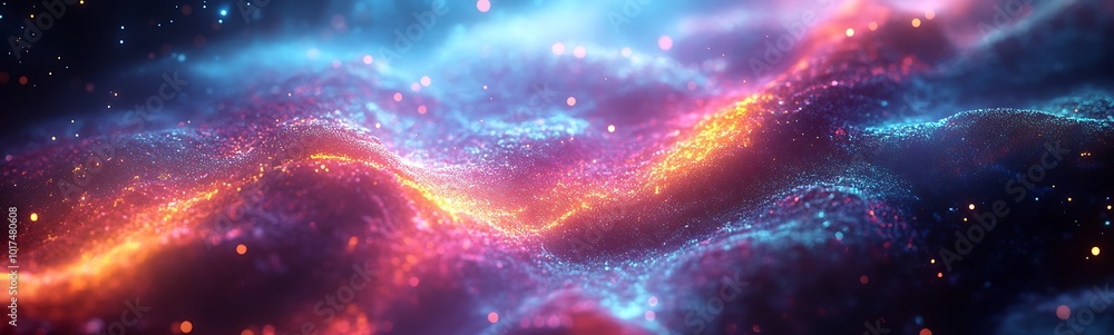 Poster a vibrant cosmic scene with swirling colors and glowing particles, evoking a sense of wonder and the
