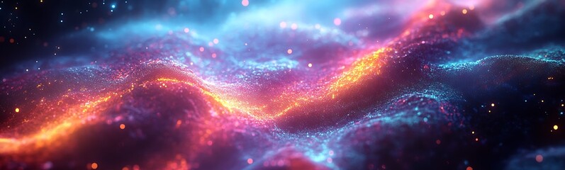A vibrant cosmic scene with swirling colors and glowing particles, evoking a sense of wonder and the mysteries of the universe.