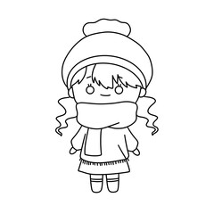 A girl in a winter hat and scarf is standing in the snow