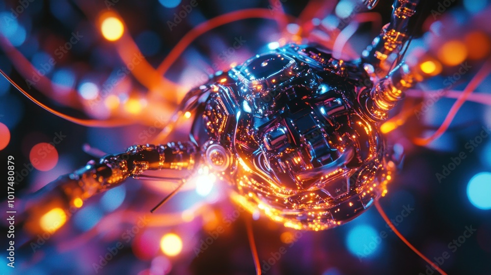 Poster a futuristic depiction of a glowing, interconnected neural network or robotic entity.