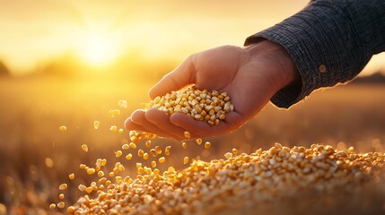 Hand pouring grains at sunset, showcasing the beauty of nature and agriculture.