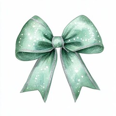 a delicate Christmas bow clipart, gift wrapping element, watercolor illustration, green and silver, isolated on white background