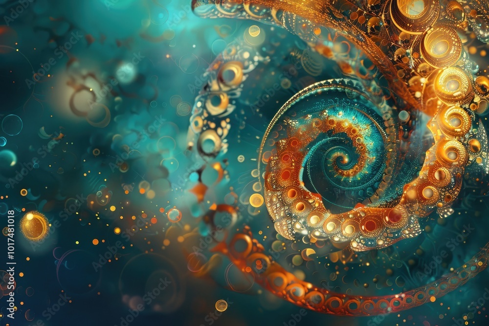 Poster a mesmerizing spiral pattern with vibrant colors, blending textures and shapes in an abstract design