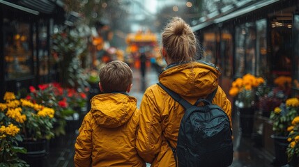 A child and adult in yellow jackets explore a vibrant market filled with flowers.
