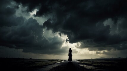 Fototapeta premium a person stands on a road with storm clouds in the background.