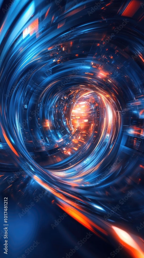 Poster an abstract swirl of blue and orange light creating a dynamic and futuristic tunnel effect, perfect 