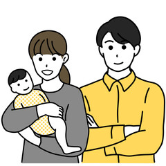 笑顔の家族と赤ちゃんを抱える母親のイラスト