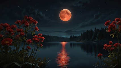 a lake with a full moon and the moon