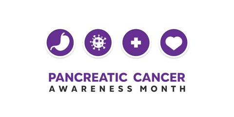 Pancreatic Awareness Month. Gastric, cancer, plus icon and heart. Great for cards, banners, posters, social media and more. White background.
