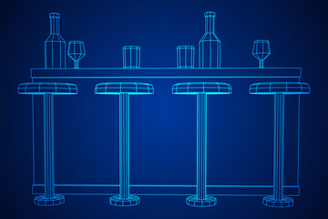 Bar counter with stools, bar top with bottles and glasses. Wireframe low poly mesh vector illustration.