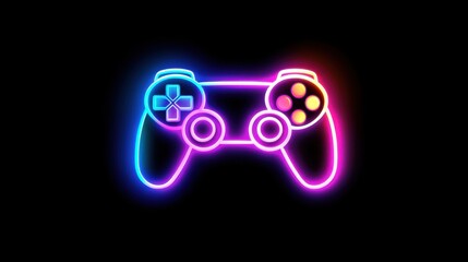 Neon gaming controller icon illuminated with bright colors, symbolizing video games and virtual entertainment in a bold design