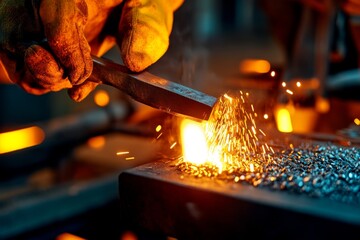 Realistic image of a rural blacksmith forging tools for local farmers, representing employment in traditional crafts and trades