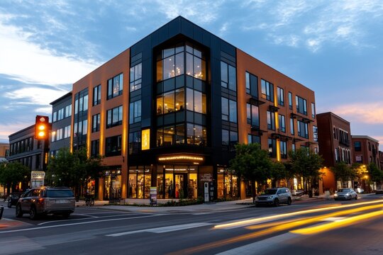 Realistic scene of a newly built mixed-use development with shops, apartments, and offices integrated seamlessly in an urban setting, representing modern urban planning principles