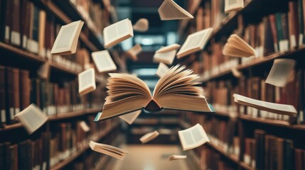 Obraz premium Open books flying through the air in a library setting, surrounded by shelves of knowledge, creating a magical literary scene