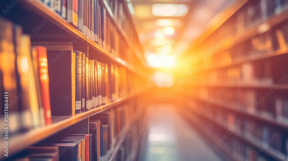 Poster public library space with blurred shelves of books, defocused to create a warm and nostalgic learnin