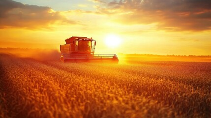 Fototapeta premium Red combine harvester working in a soybean field at sunset, the sun casting a golden glow over the autumn landscape, symbolizing agricultural harvest