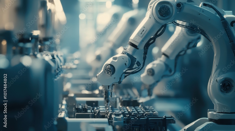 Poster robotic arms in an automated factory, precision assembly in progress, representing industrial revolu