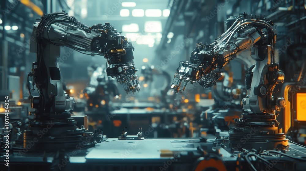 Poster robotic arms in an automated factory, precision assembly in progress, representing industrial revolu