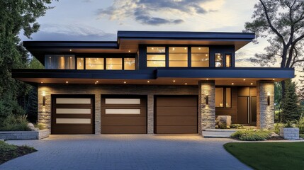 Fototapeta premium Sectional garage doors on a modern home, sleek and clean design with smooth operation, perfect for a minimalist architectural style