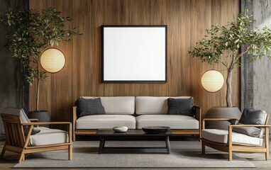 A cozy living room featuring a blend of Scandinavian and Japanese furniture design, with a blank poster hanging on the wall. 